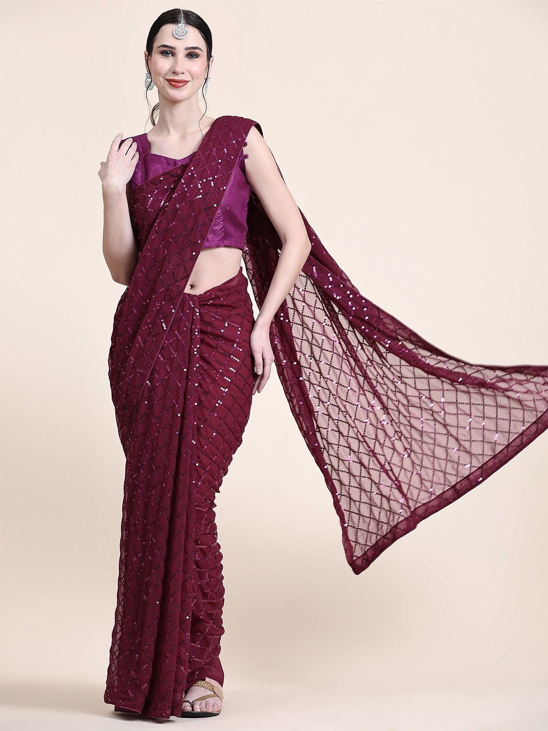 

KALINI Embellished Sequinned Pure Georgette Saree, Magenta
