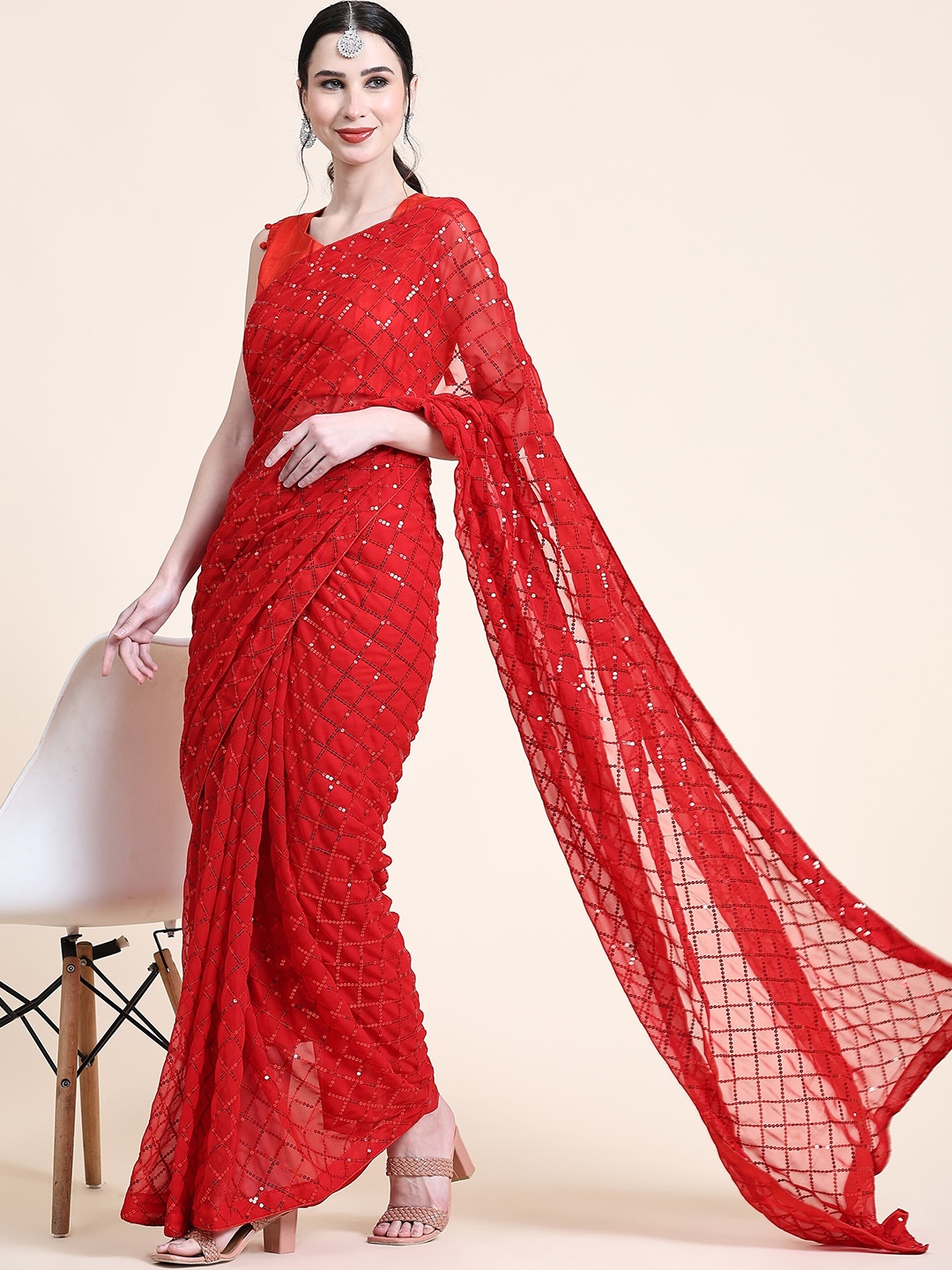 

KALINI Sequinned Pure Georgette Saree, Red