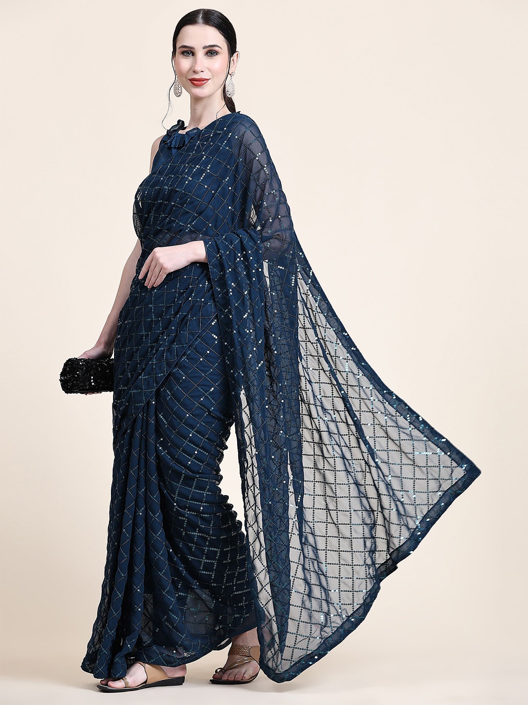 

KALINI Embellished Sequinned Pure Georgette Saree, Blue