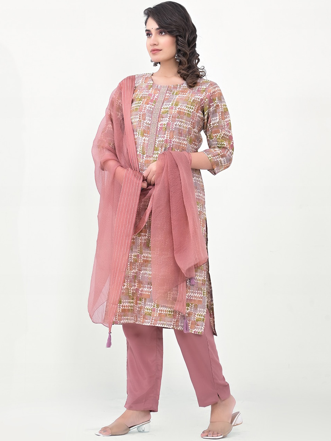 

Label Khoj Geometric Printed Sequinned Straight Kurta With Trousers & Dupatta, Beige