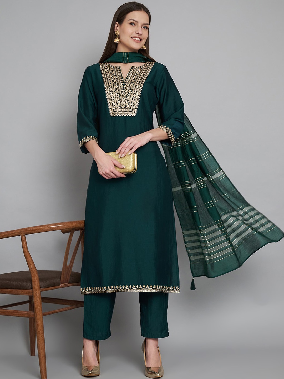 

Label Khoj Women Ethnic Motifs Embroidered Regular Kurta with Trousers & With Dupatta, Green