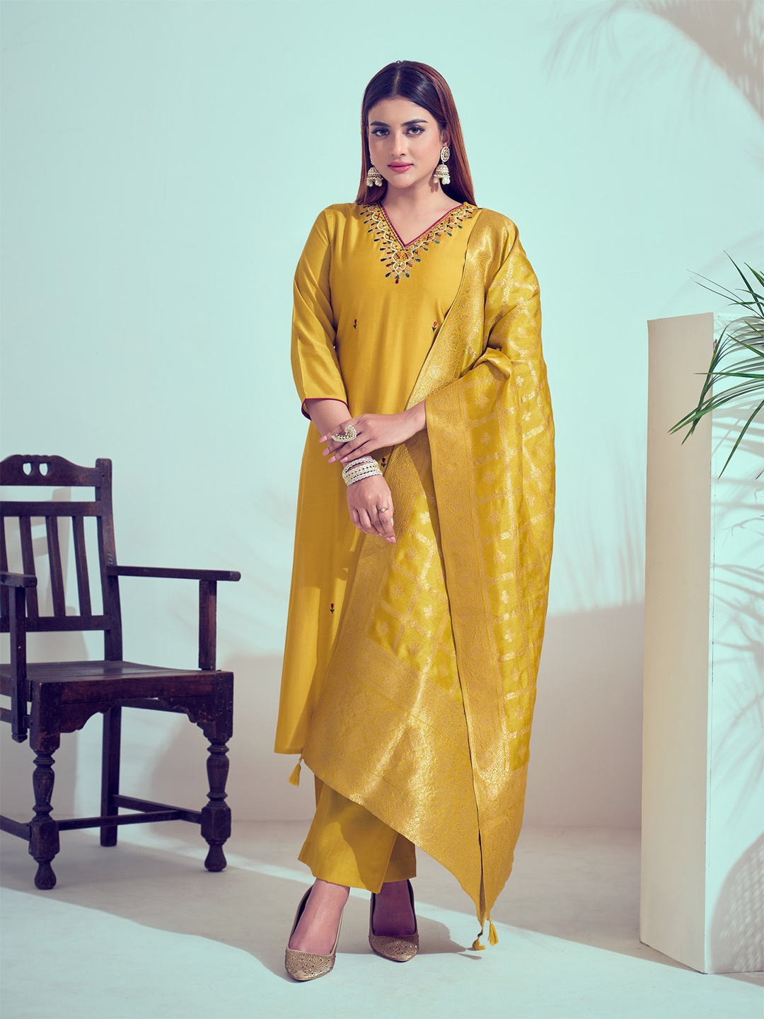 

Label Khoj Women Embroidered Regular Kurta with Trousers & Dupatta, Yellow