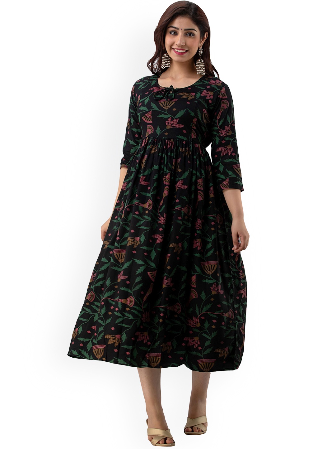 

Charnest Women Floral Printed Flared Sleeves Gotta Patti Maternity Anarkali Kurta, Black
