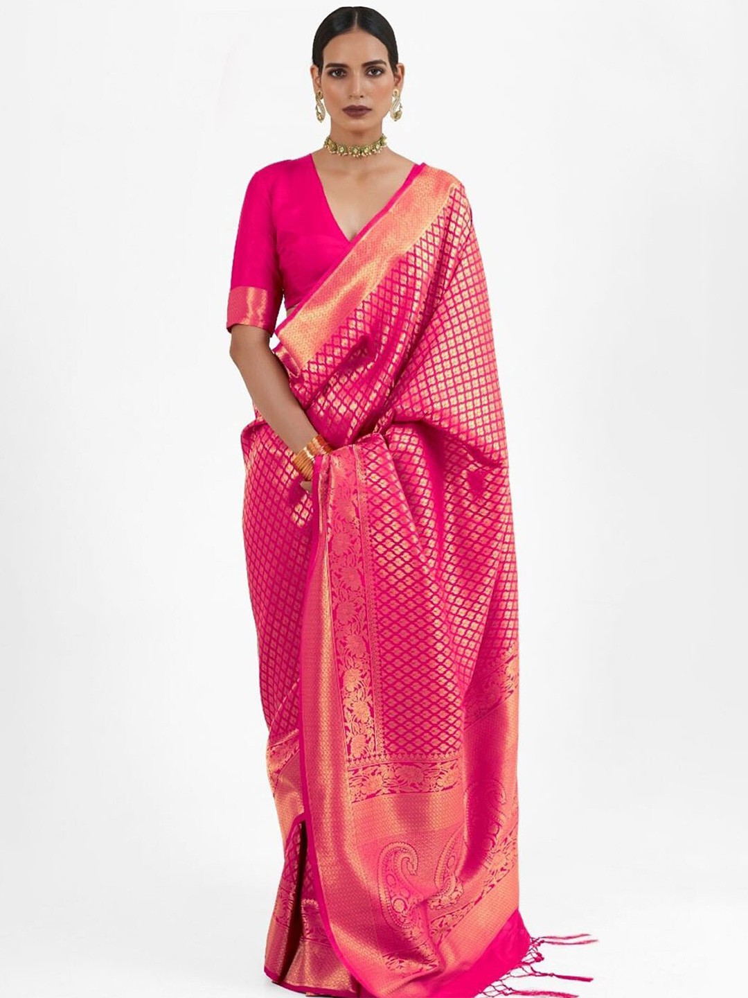 

DEVATITHI Woven Design Zari Silk Blend Kanjeevaram Saree, Pink