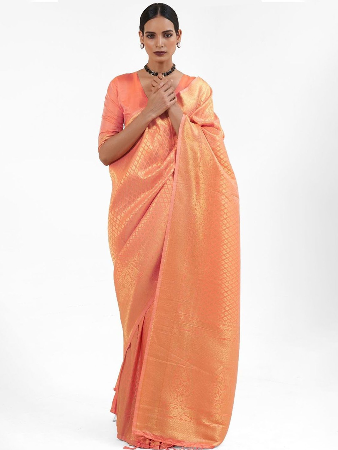 

DEVATITHI Woven Design Zari Silk Blend Kanjeevaram Saree, Orange