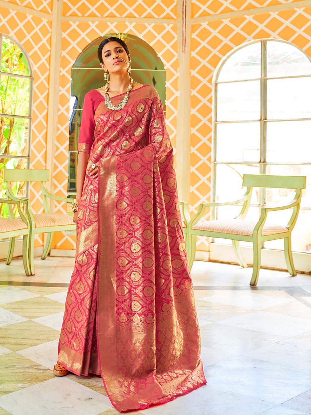 

DEVATITHI Women Woven Design Zari Silk Blend Banarasi Saree, Pink