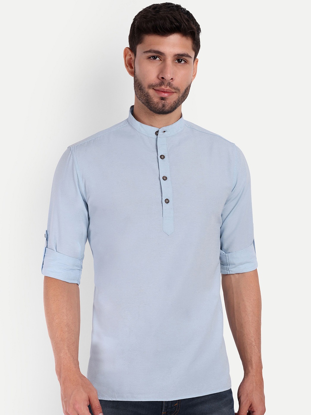 

Springberry Mandarin Collar Roll-up Sleeves Pathani Kurta, Blue