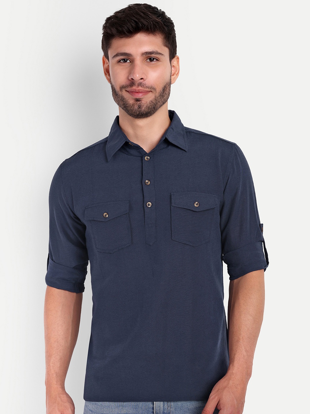 

Springberry Shirt Collar Roll-up Sleeves Pathani Kurta, Navy blue