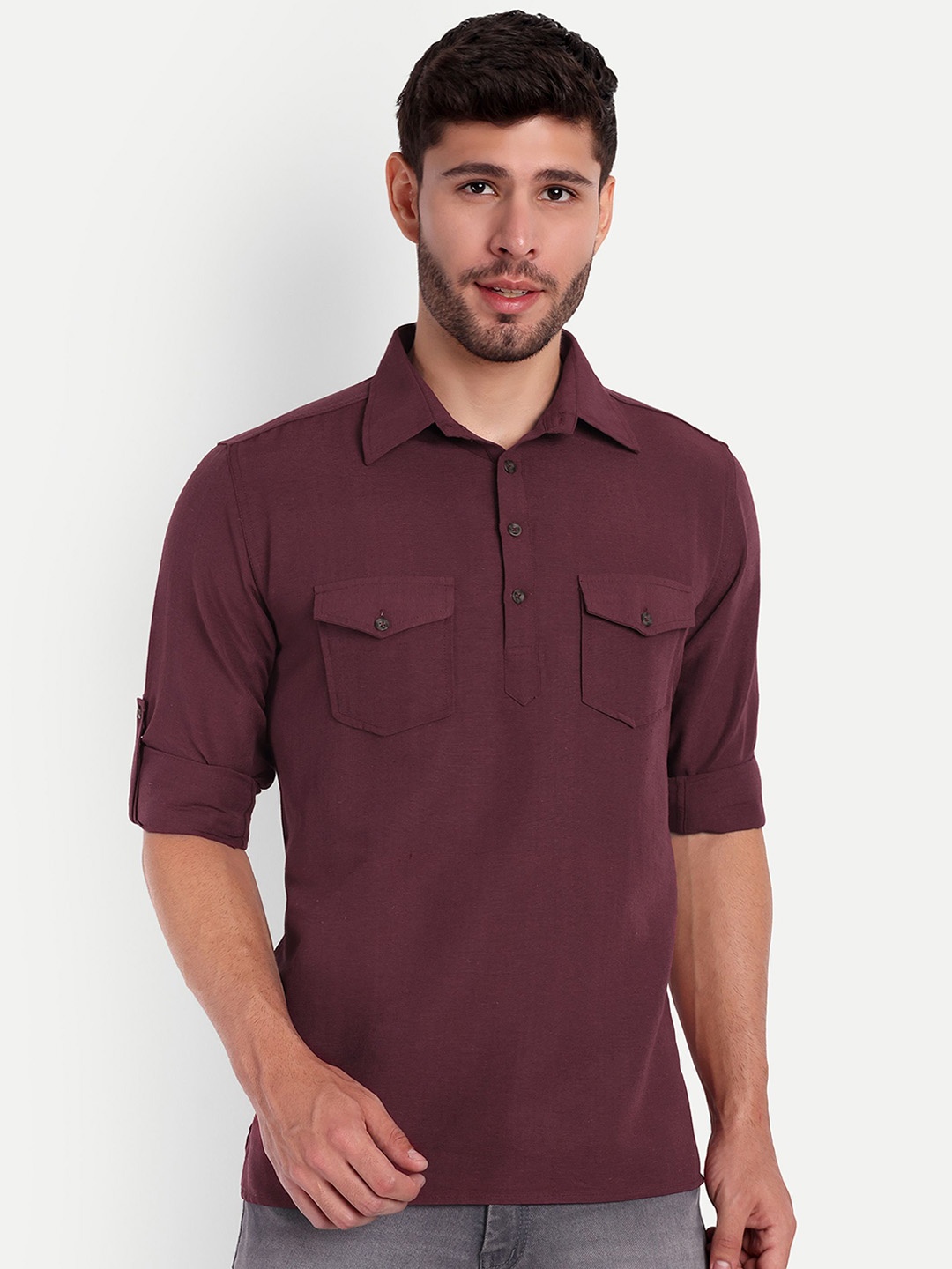 

Springberry Shirt Collar Roll-up Sleeves Pathani Kurta, Maroon