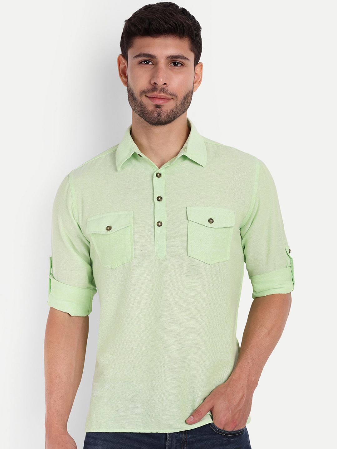

Springberry Men Striped Thread Work Handloom Pathani Kurta, Sea green