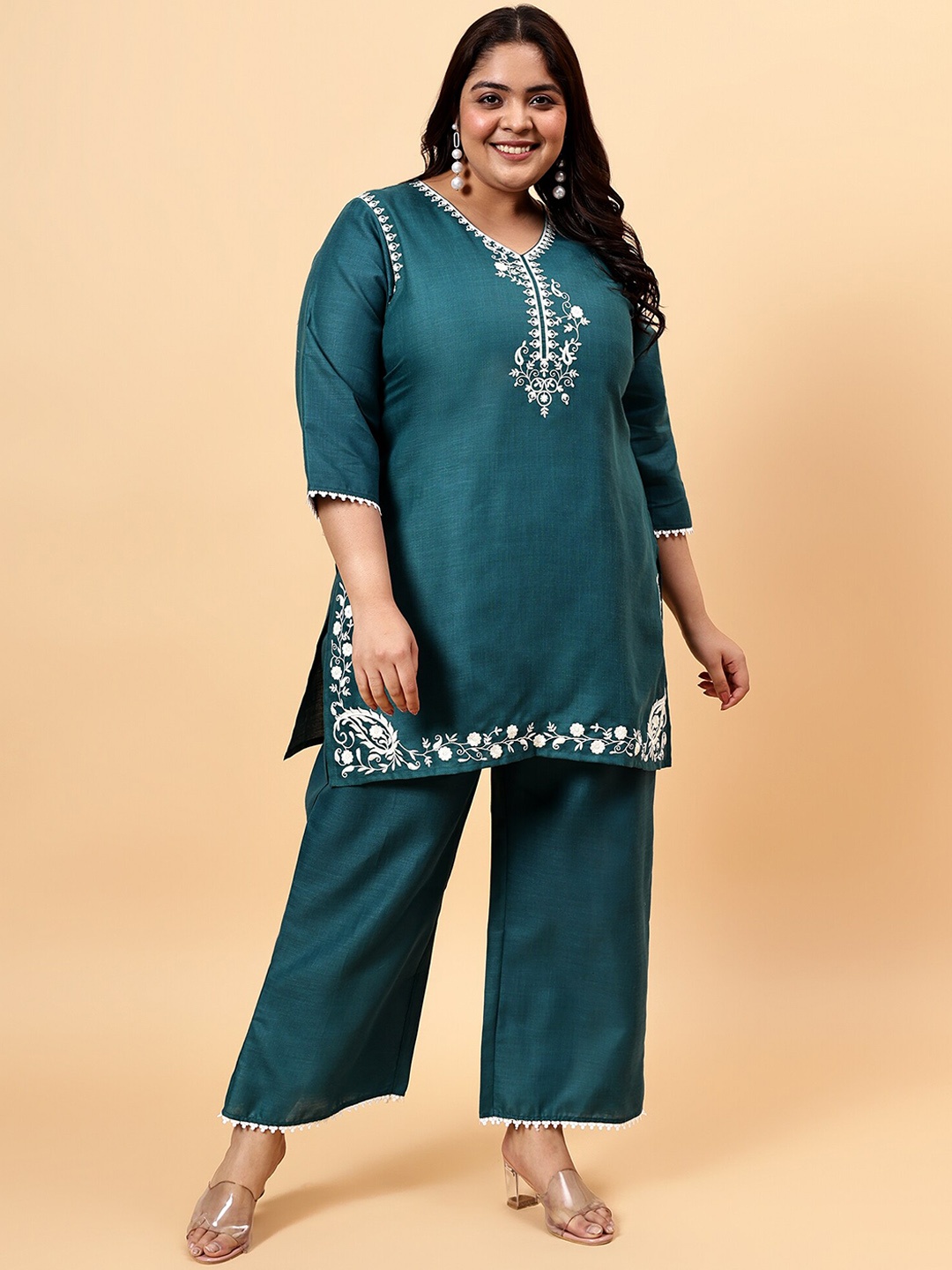 

Bani Women Embroidered Three Quarter Sleeve Tunic Top & Trouser Co-Ords, Green