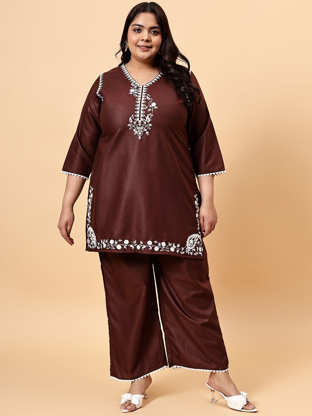 

Bani Women Embroidered V Neck Tunic With Flared Palazzos Co-Ords, Brown