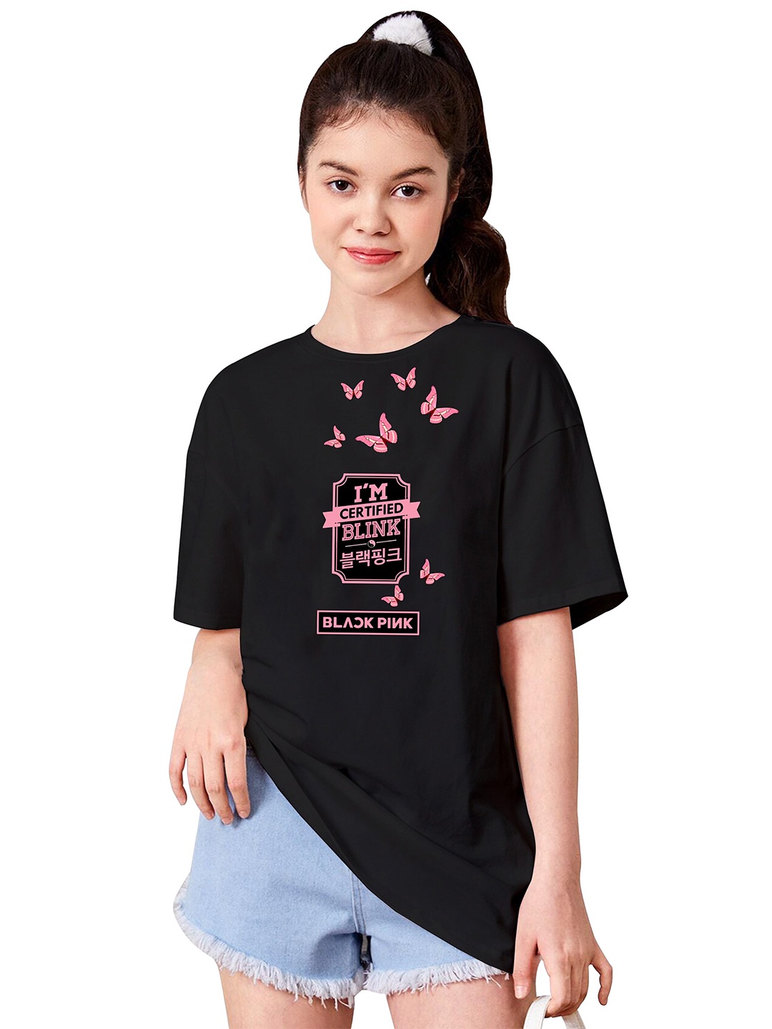 

BAESD Girls Typography Printed Round Neck Oversized T-shirt, Black
