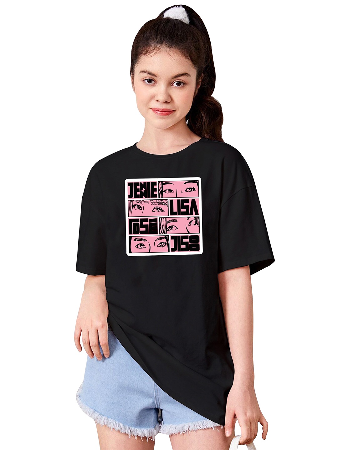 

BAESD Girls Graphic Printed Drop-Shoulder Sleeves Oversized T-shirt, Black