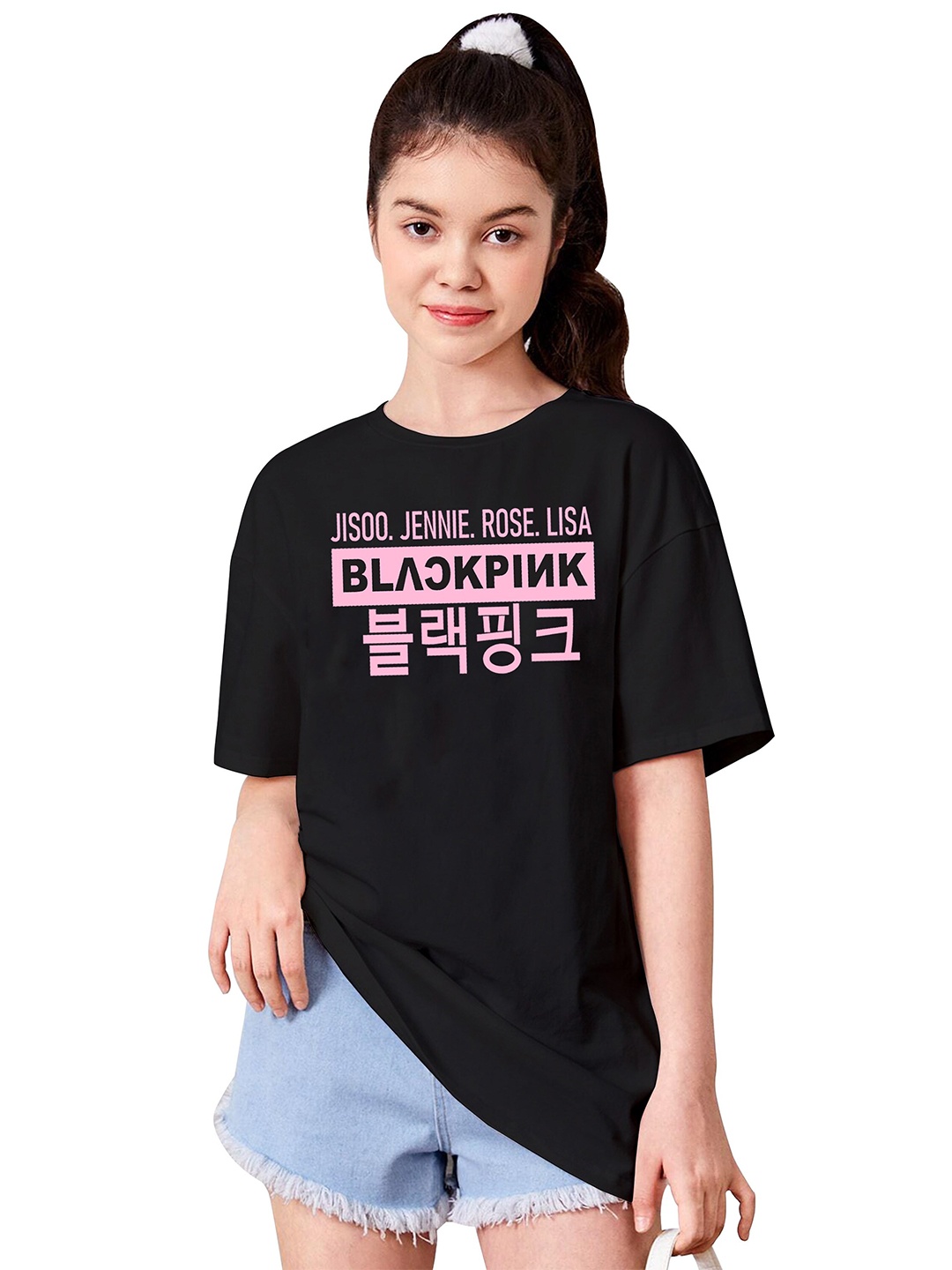 

BAESD Girls Typography Printed Round Neck Oversized T-shirt, Black