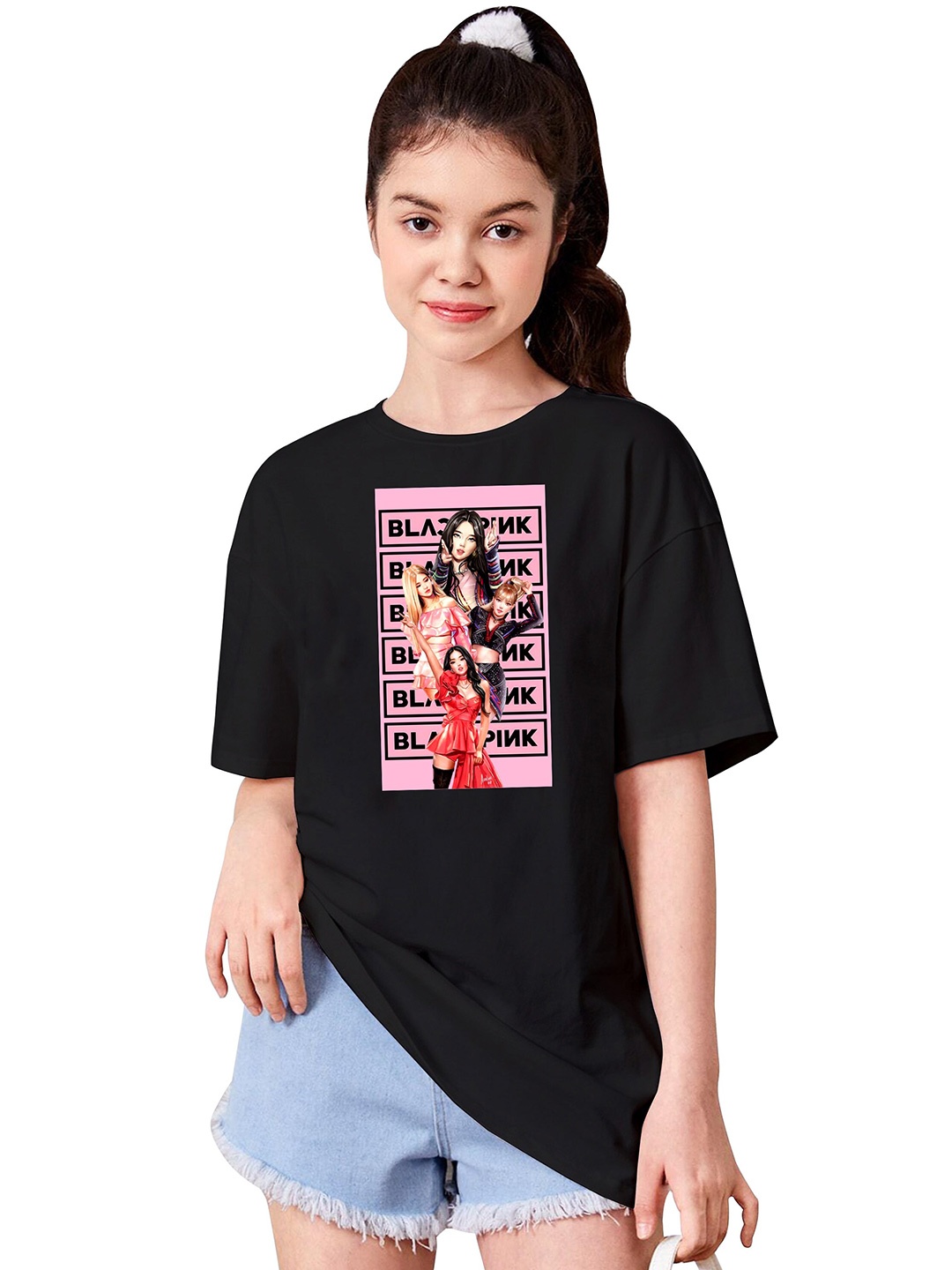 

BAESD Girls Printed Drop-Shoulder Sleeves Applique T-shirt, Black