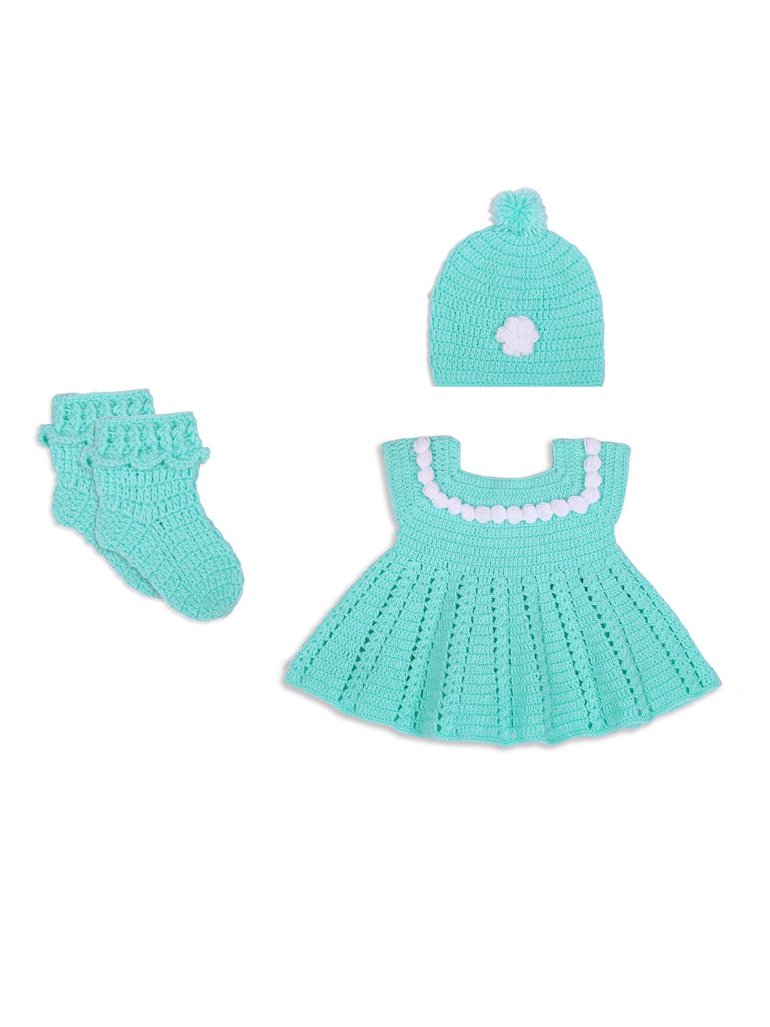 

WINDROP SOLUTIONS Girls Self Design Woollen Fit & Flare Dress With Cap & Shoes, Sea green