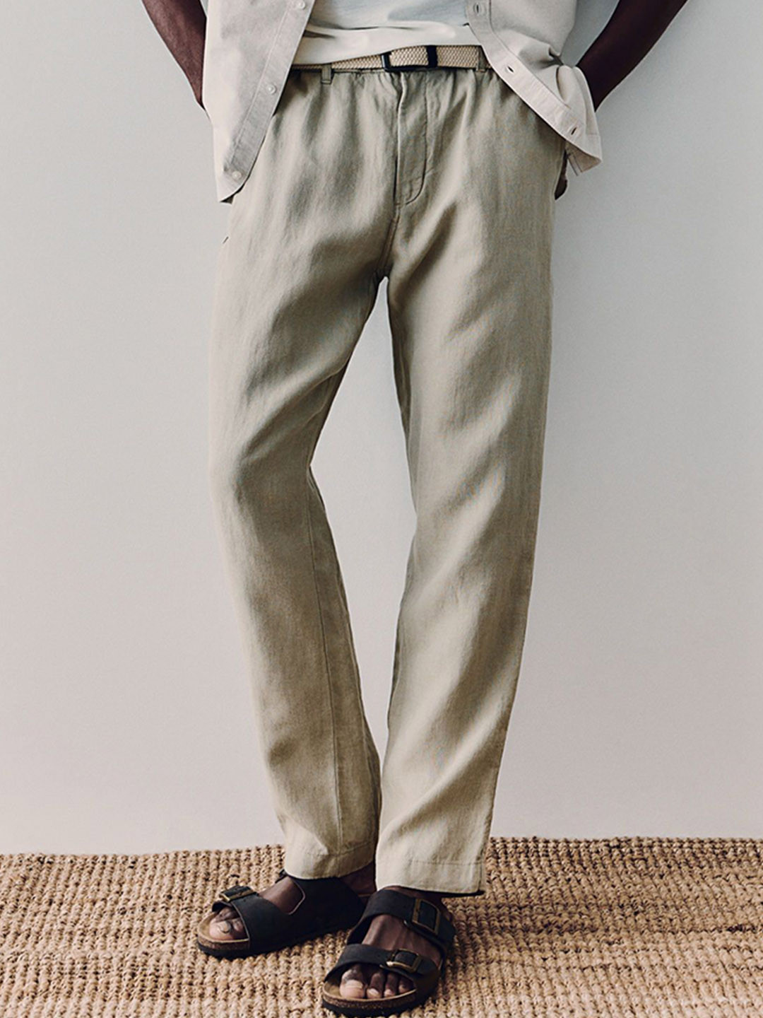 

H&M Men Regular Fit Linen Trousers, Beige