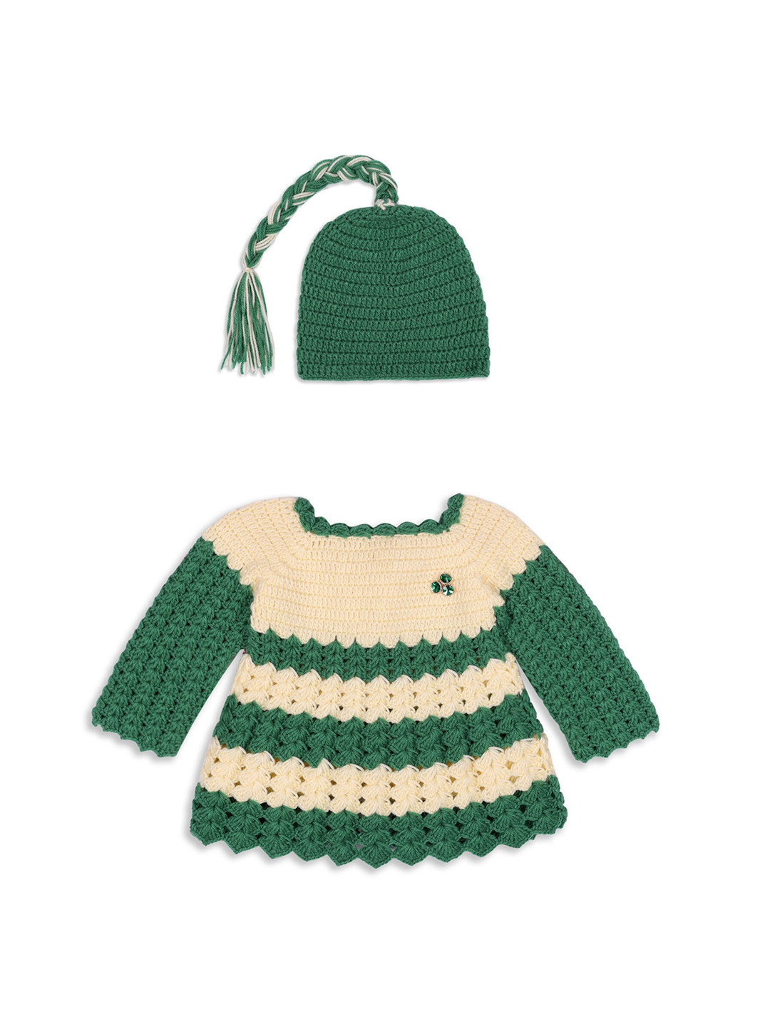 

WINDROP SOLUTIONS Girls Self Design Round Neck Woollen A-Line Dress With Cap, Green