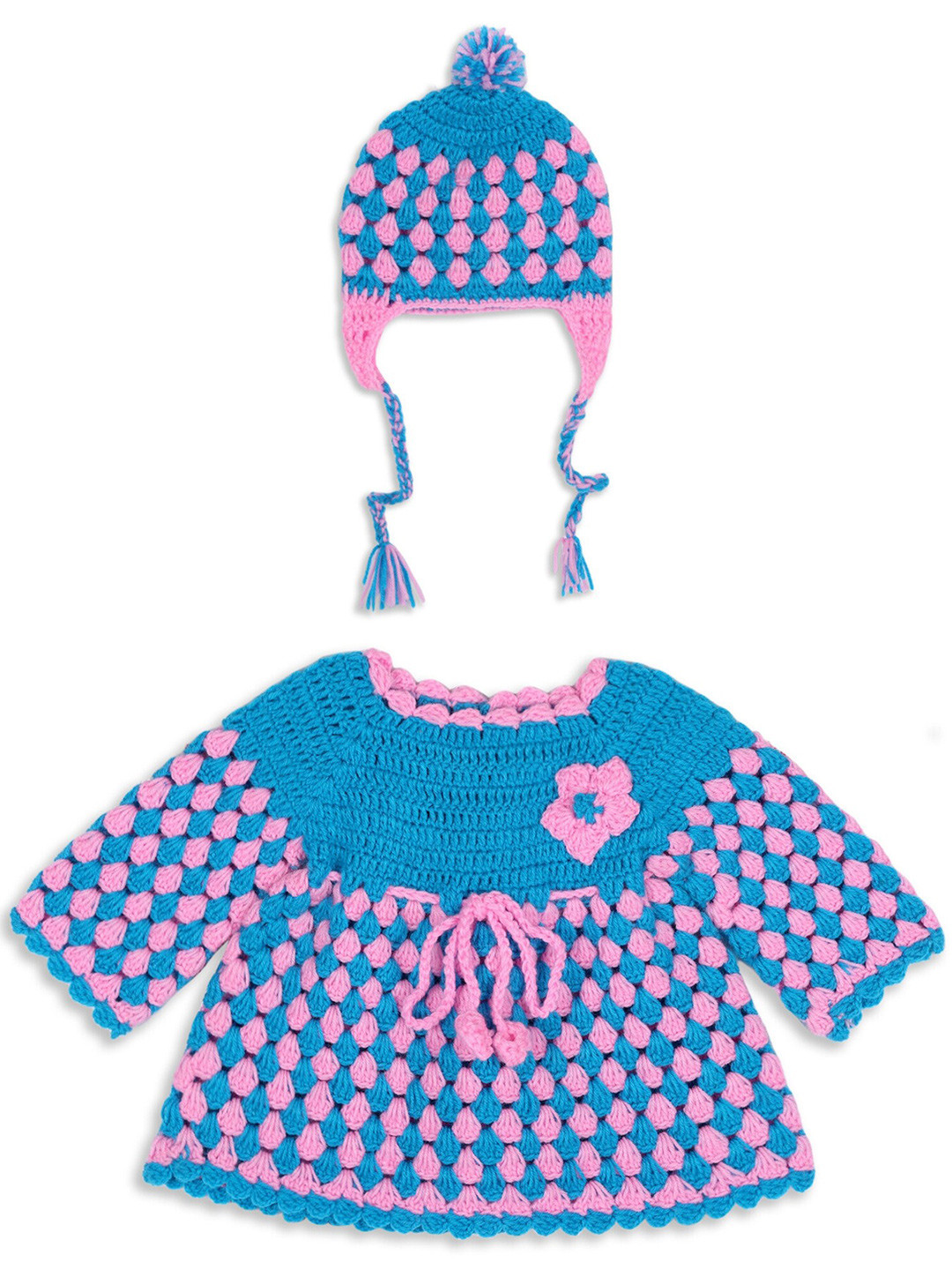 

WINDROP SOLUTIONS Girls Self Design Woollen Fit & Flare Mini Dress With Cap, Pink
