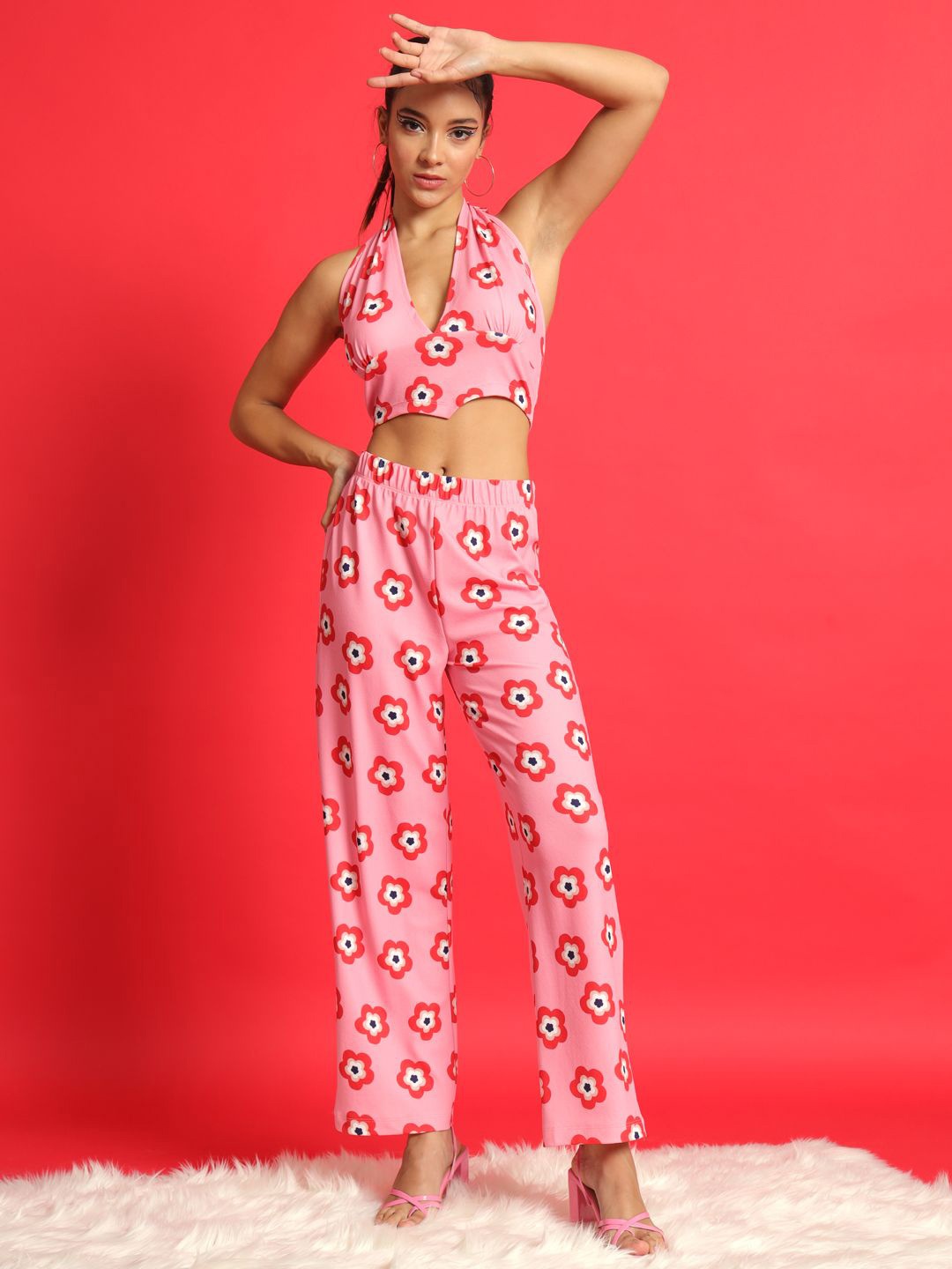 

TANDUL Floral Print Halter Neck Top And Trousers Co-Ords, Pink