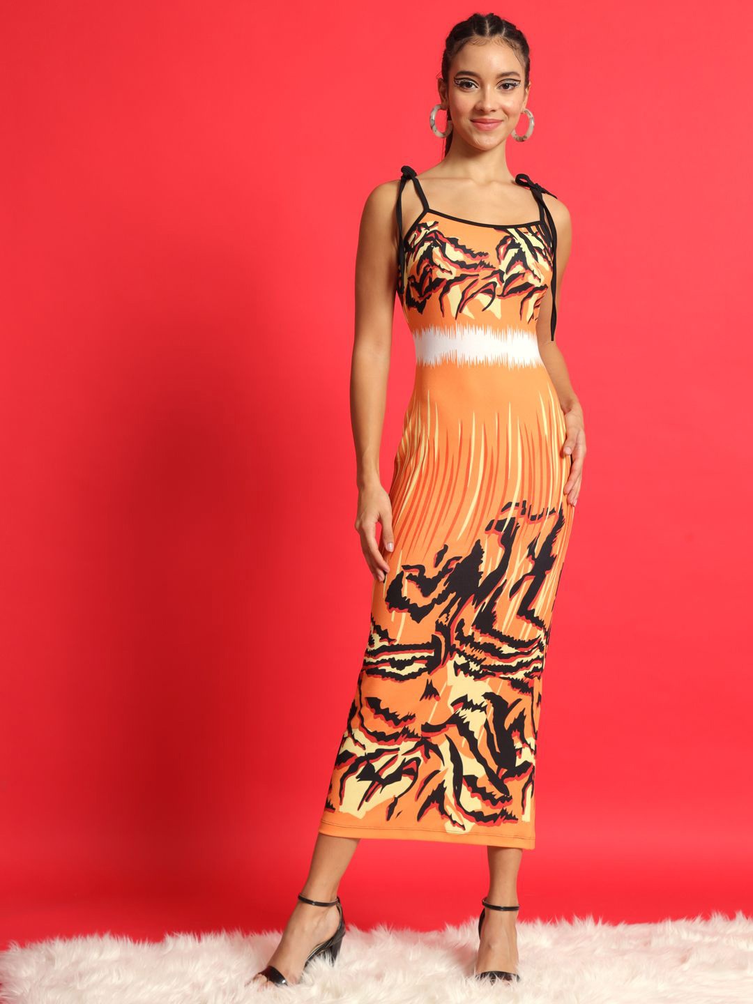 

TANDUL Animal Printed Shoulder Straps Maxi Dress, Orange