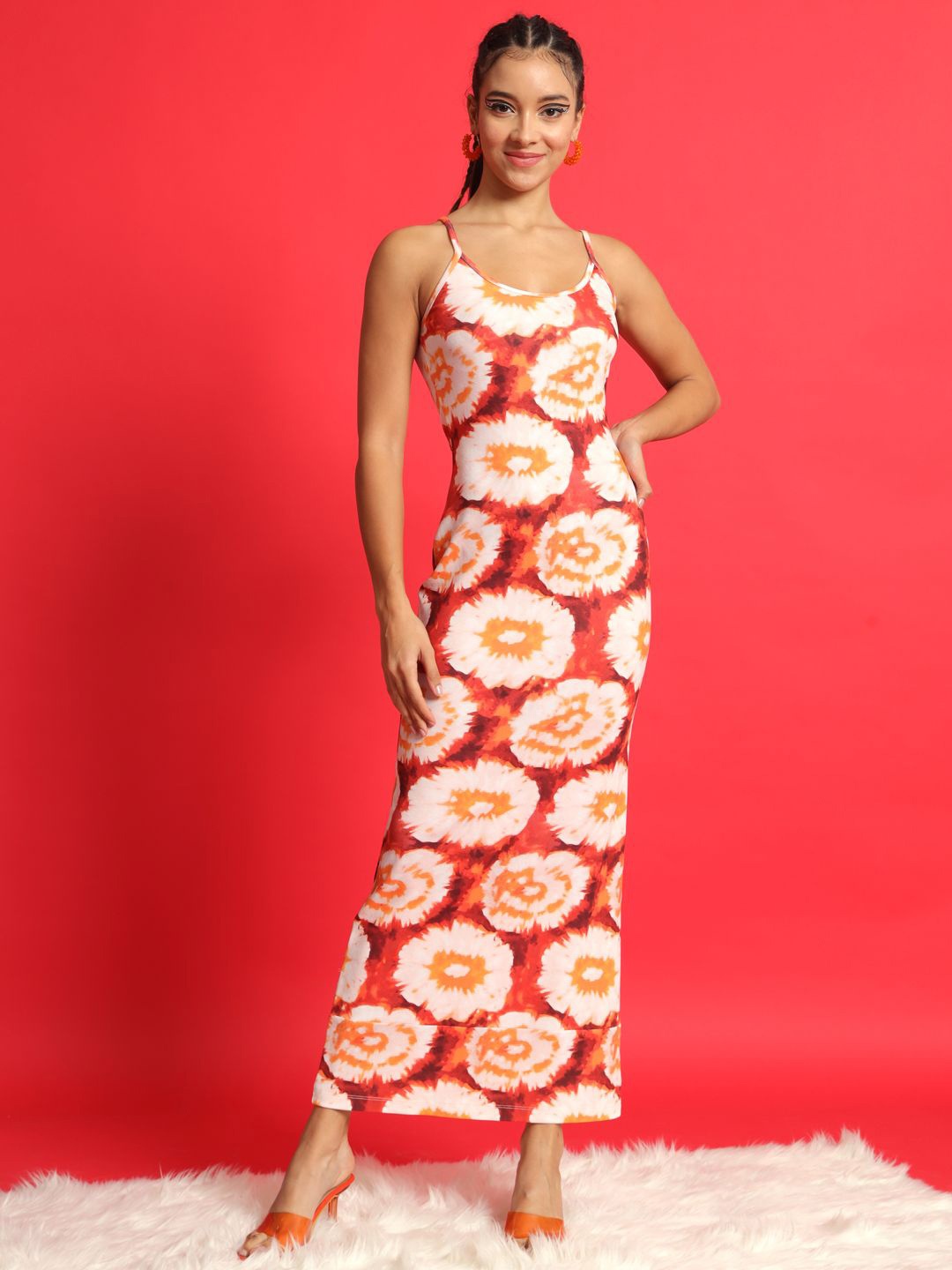 

TANDUL Floral Printed Shoulder Straps Maxi Dress, Orange