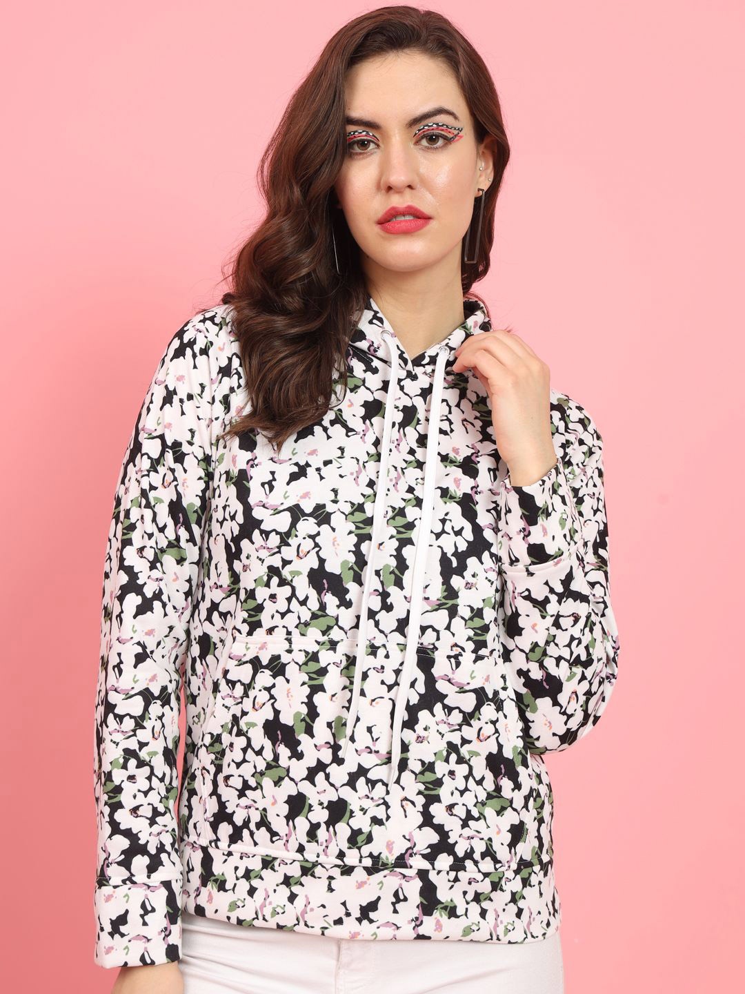 

TANDUL Floral Printed Hooded Pullover Sweatshirt, Green