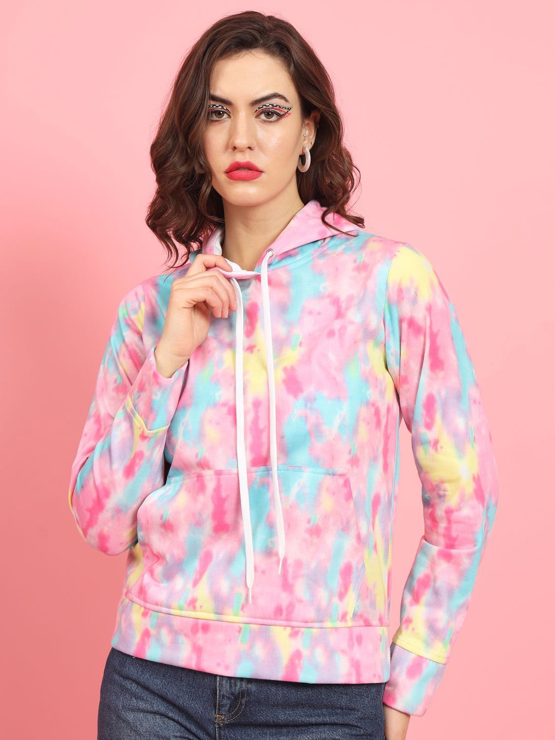 

TANDUL Tie & Dye Printed Hooded Pullover Sweatshirt, Pink