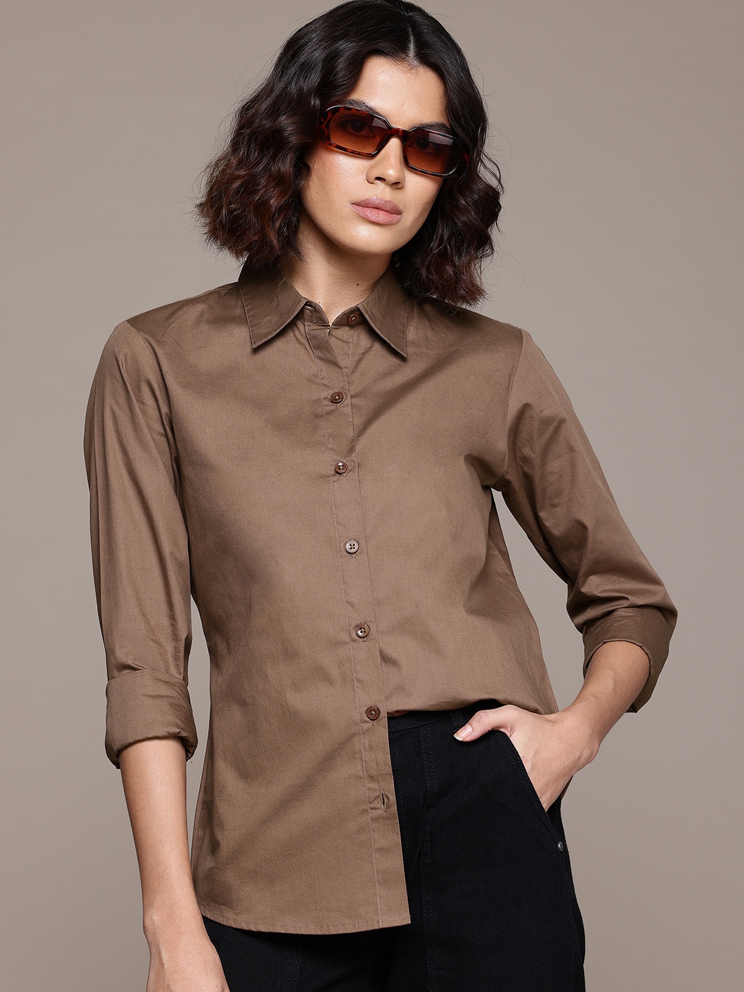 

Roadster Women Standard Solid Formal Shirt, Brown