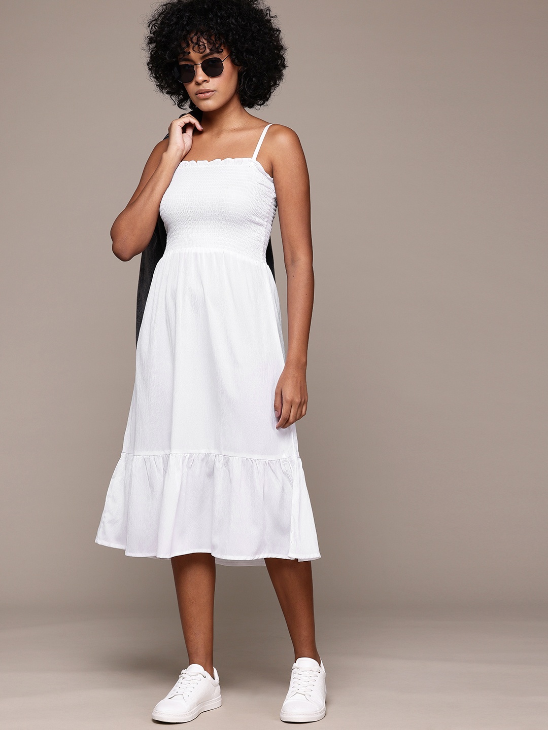 

Roadster Solid Smocked Crepe A-Line Midi Dress, White