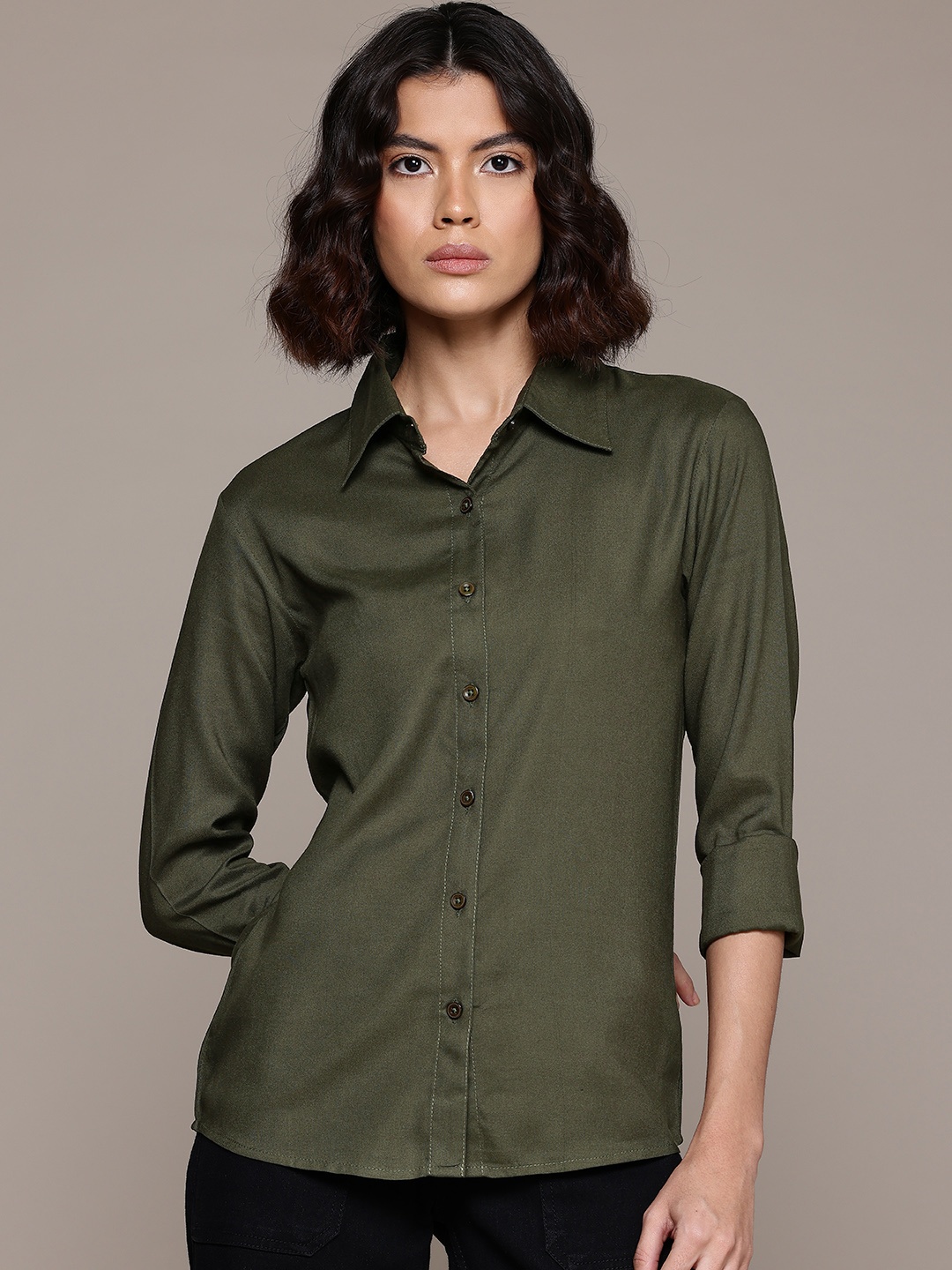 

Roadster Women Standard Solid Formal Shirt, Olive