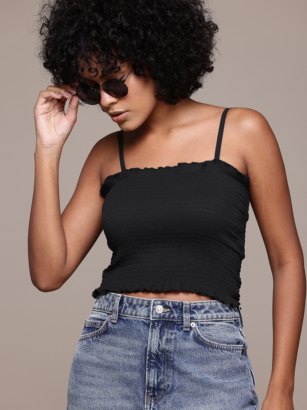 

Roadster Smocked Crepe Fitted Crop Top, Black