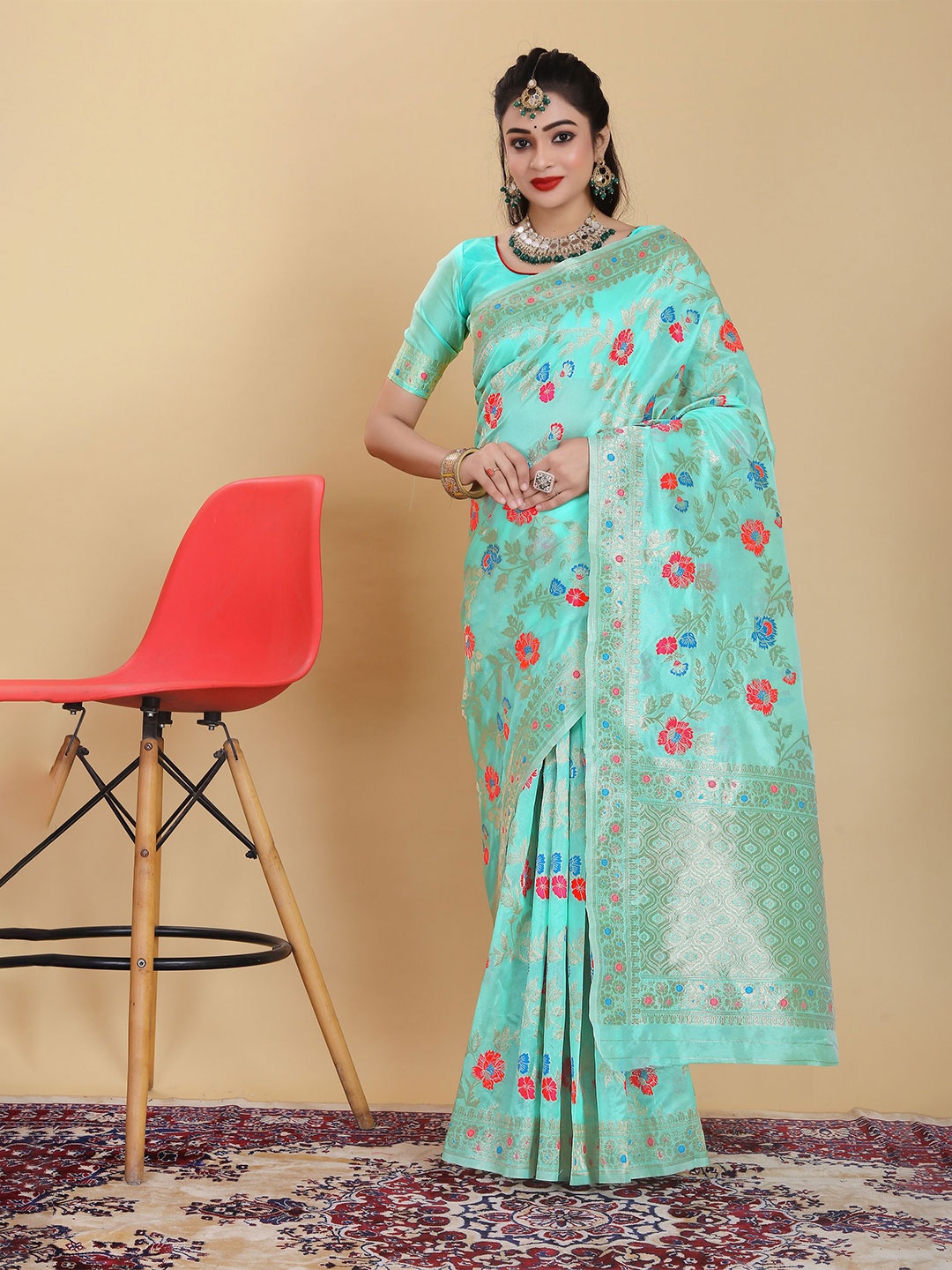 

RUDIT CREATION Woven Design Zari Organza Saree, Blue