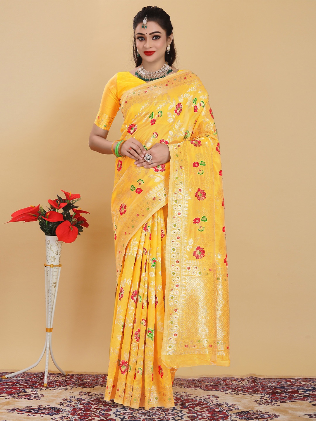 

RUDIT CREATION Woven Design Zari Organza Saree, Yellow