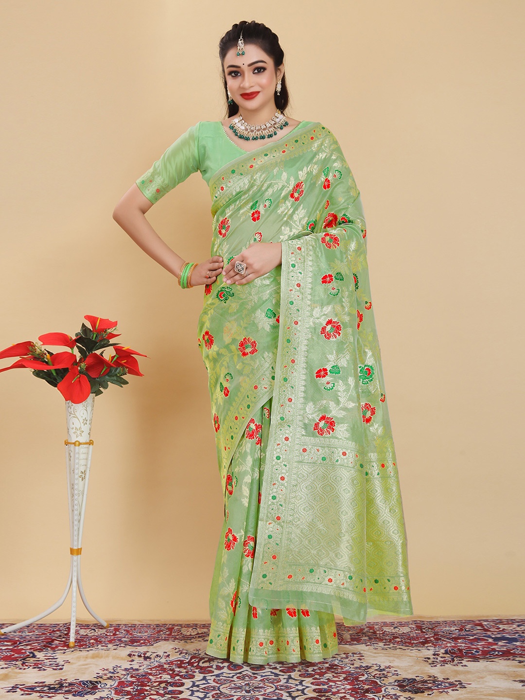 

RUDIT CREATION Woven Design Zari Organza Saree, Green