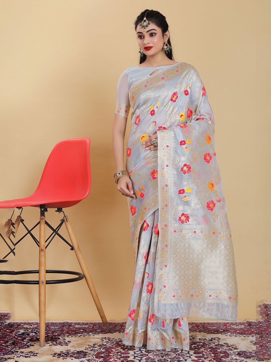 

RUDIT CREATION Woven Design Zari Organza Saree, Grey