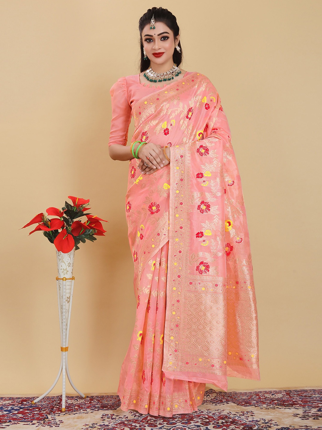 

RUDIT CREATION Woven Design Zari Organza Saree With Blouse Piece, Peach