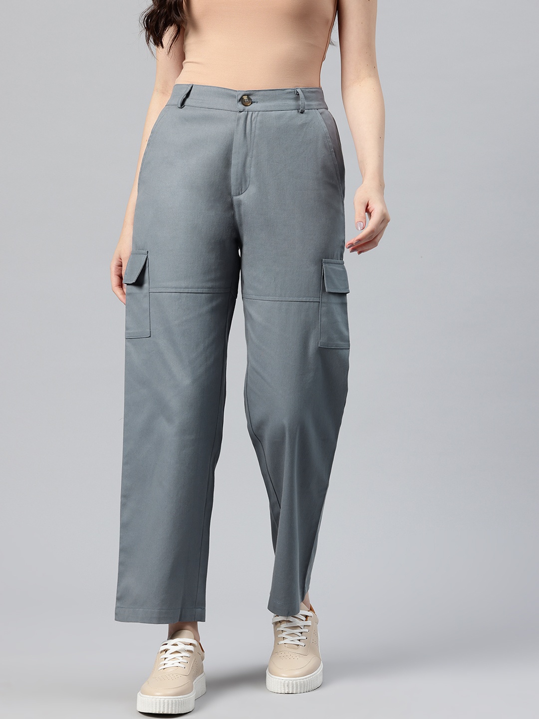 

Popnetic Women Cotton High-Rise Cargos Trousers, Grey