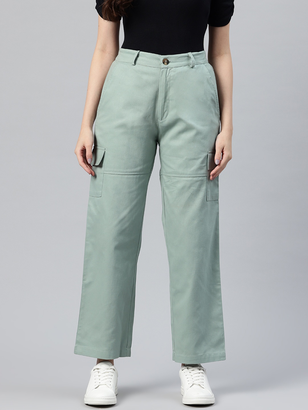 

Popnetic Women Cotton High-Rise Parallel Trousers, Sea green