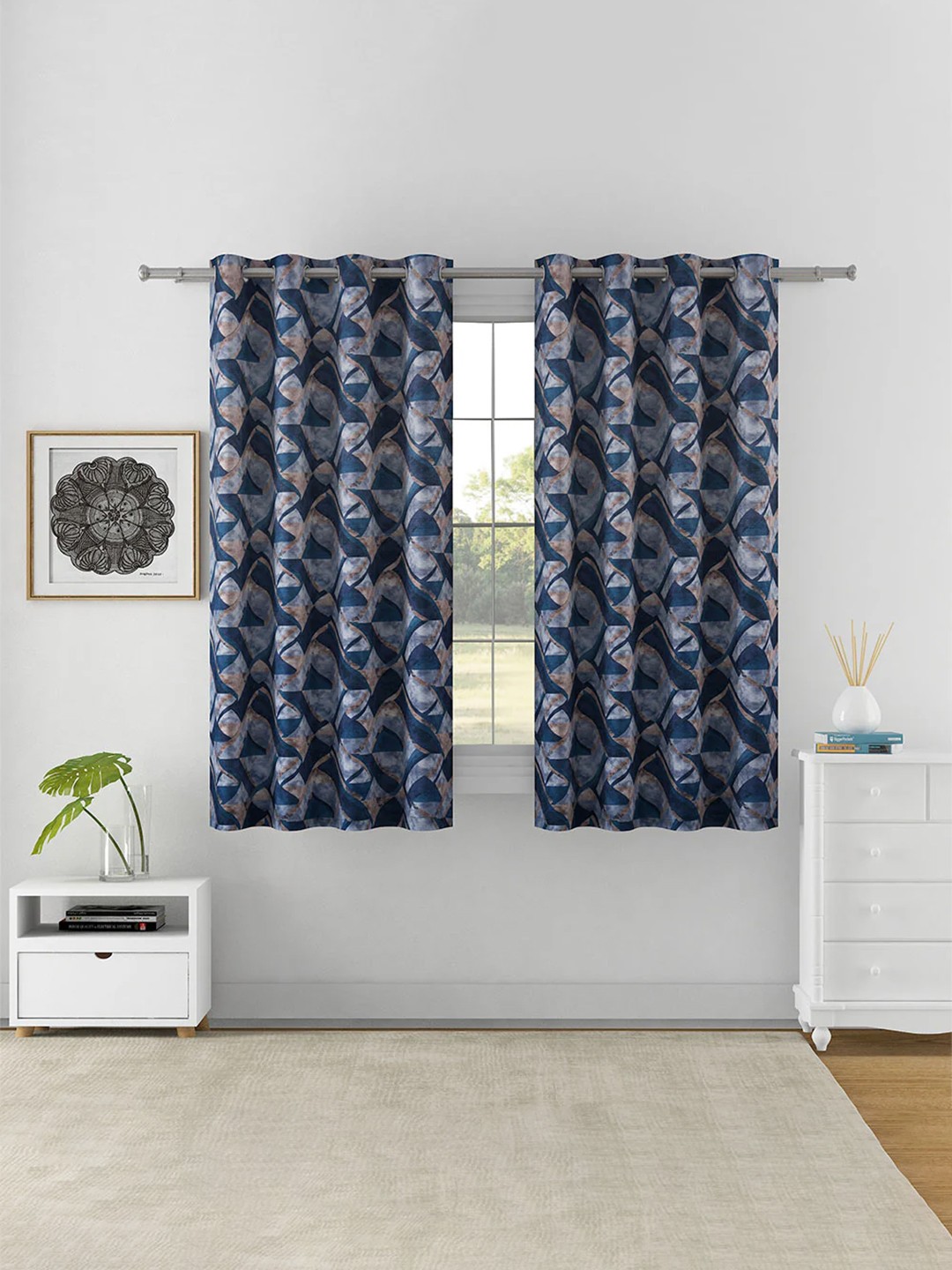 

Athome by Nilkamal Grey & Navy Blue 2 Pieces Geometric Room Darkening Window Curtains
