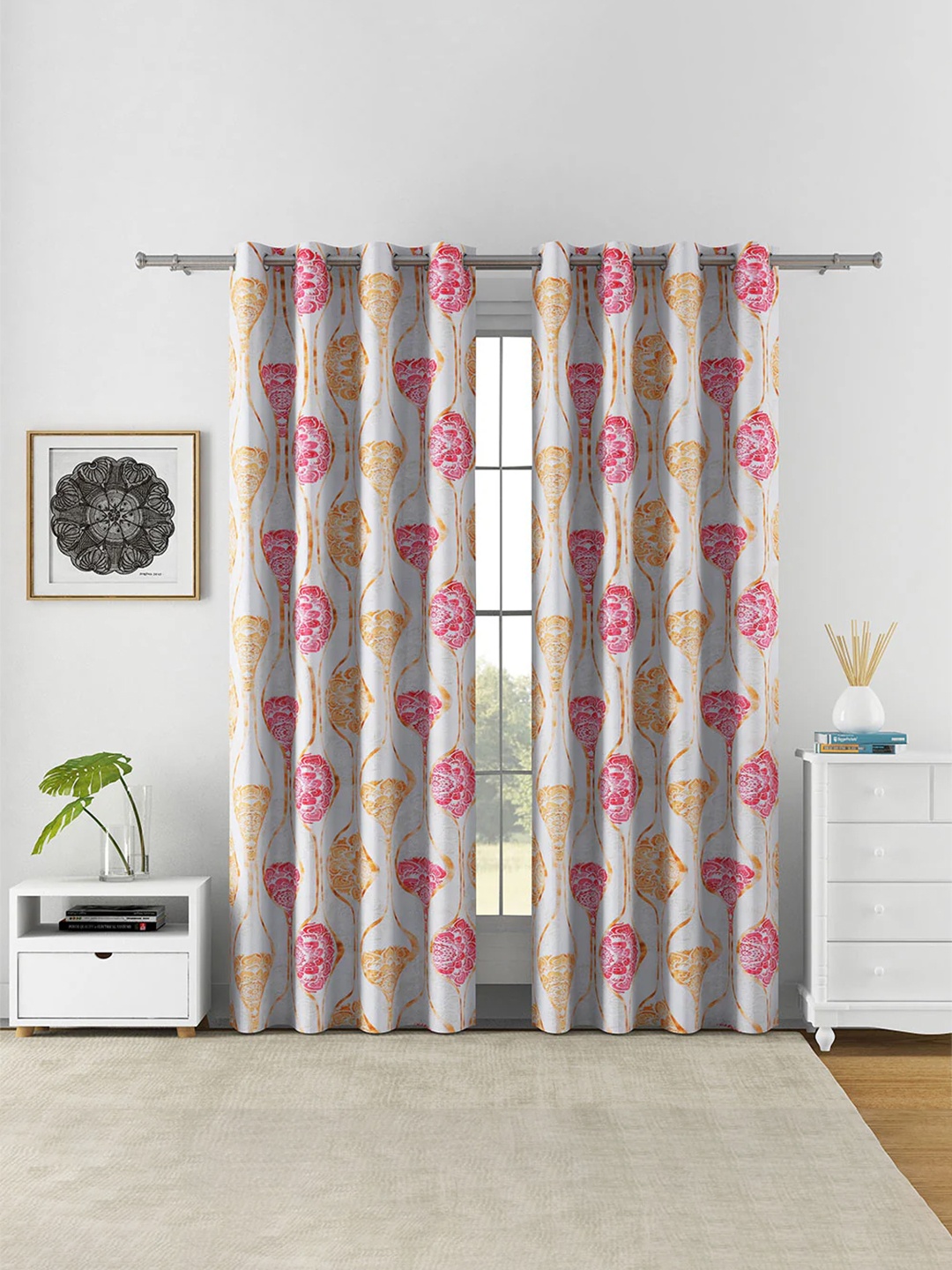 

Athome by Nilkamal Beige & Pink 2 Pieces Ethnic Motifs Room Darkening Door Curtains