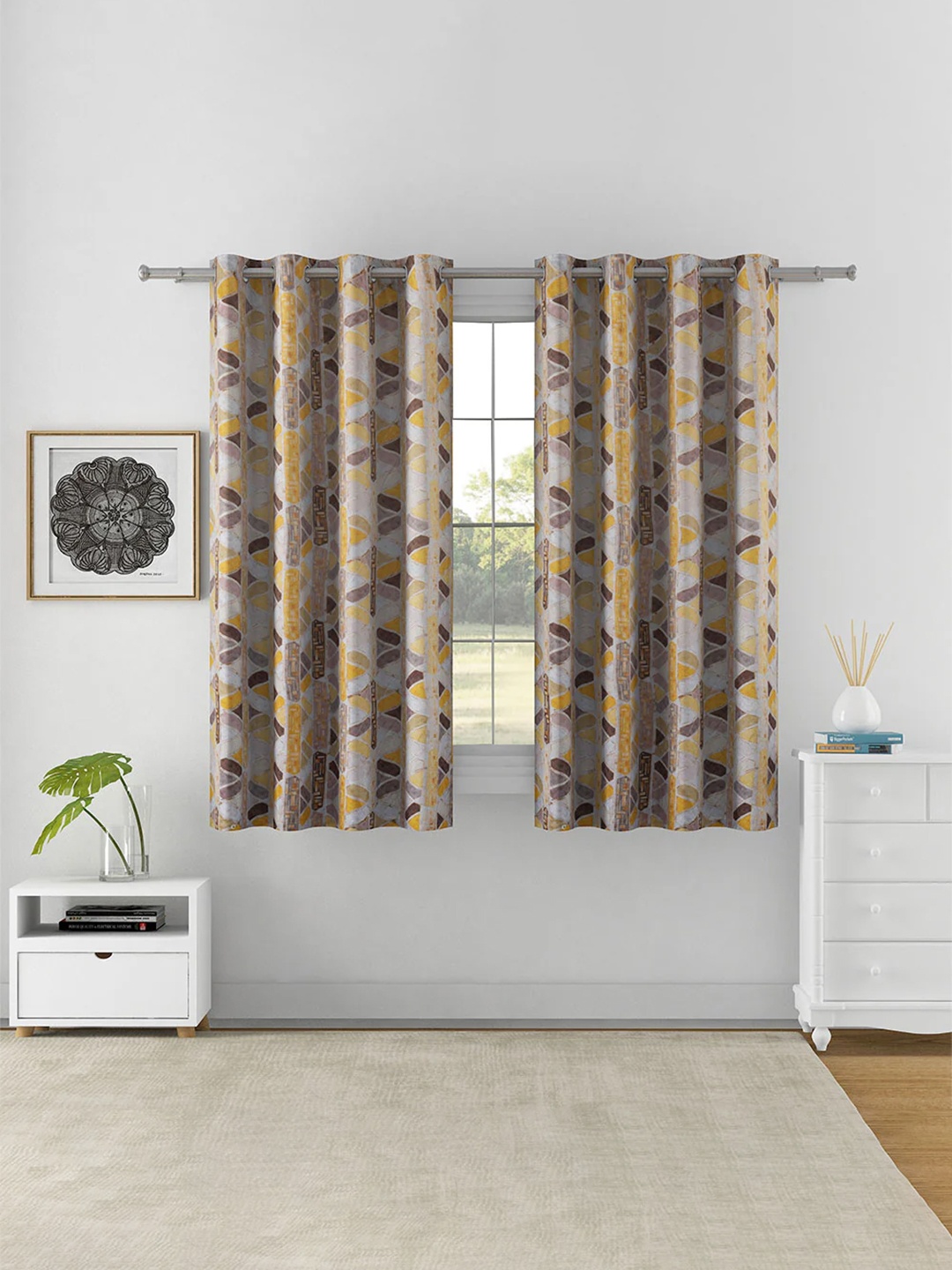 

Athome by Nilkamal Brown & Mustard 2 Pieces Geometric Room Darkening Window Curtains