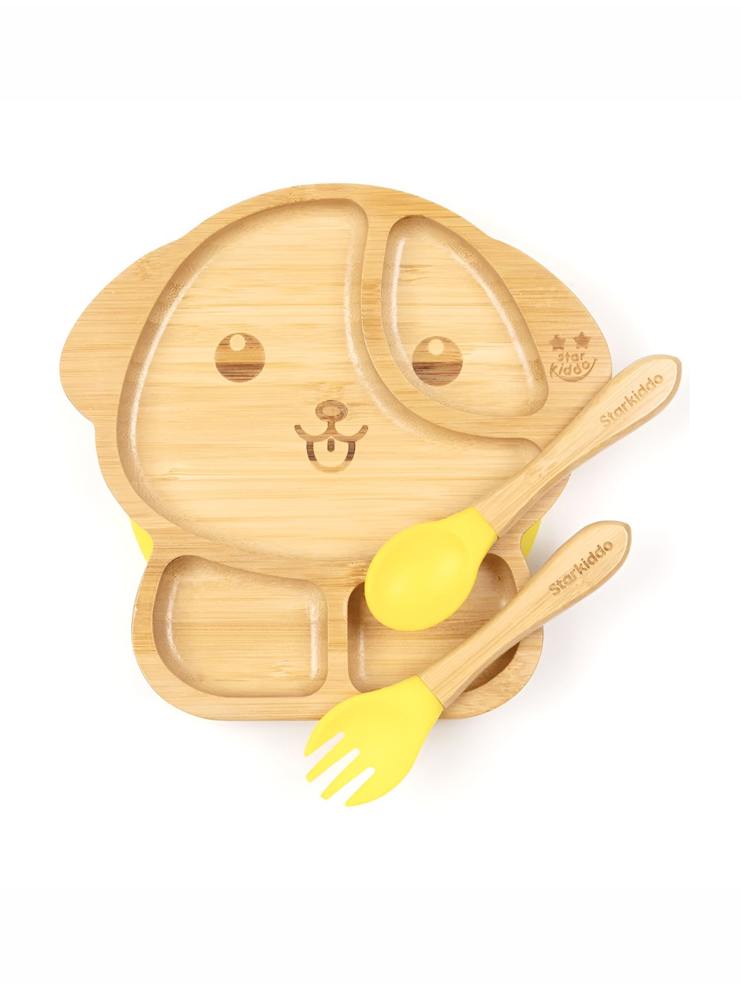 

Starkiddo Yellow Bamboo Food Plates With Spoon & Fork