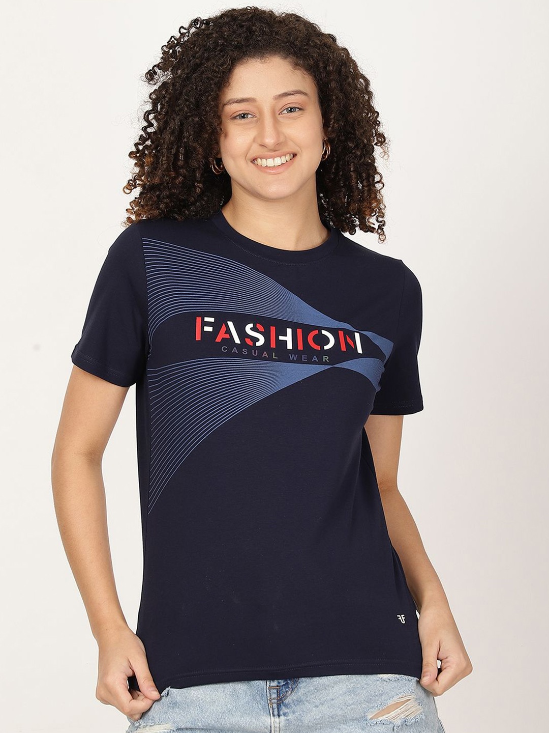 FUTURO Typography Printed Cotton T-shirt, Navy blue