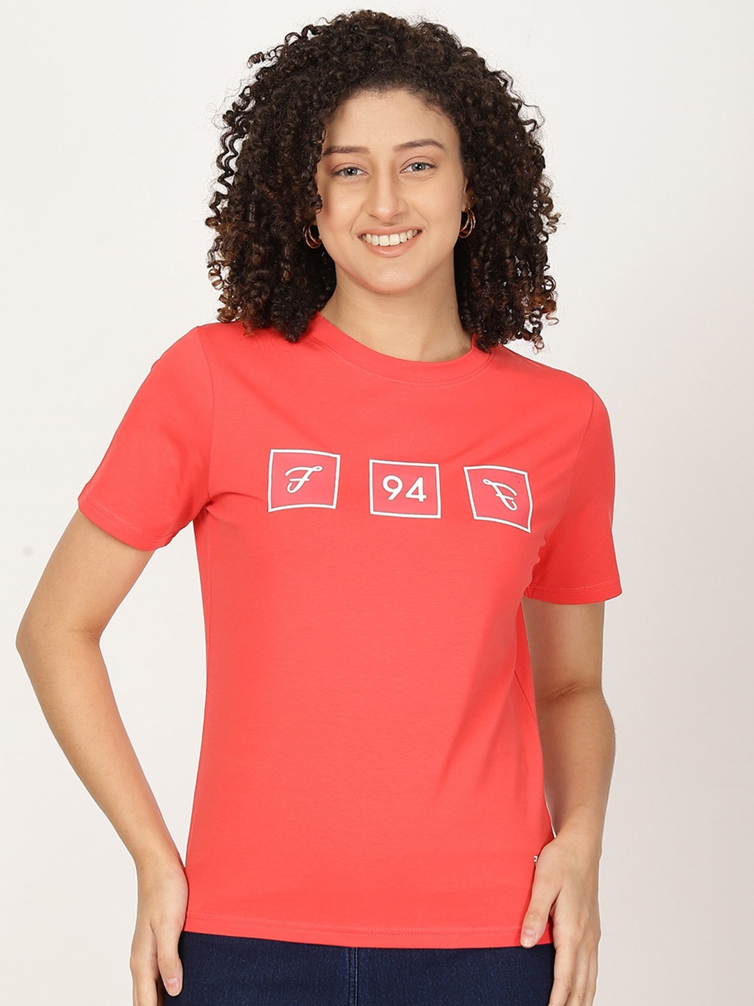 

FUTURO Printed Round Neck Cotton T-shirt, Coral