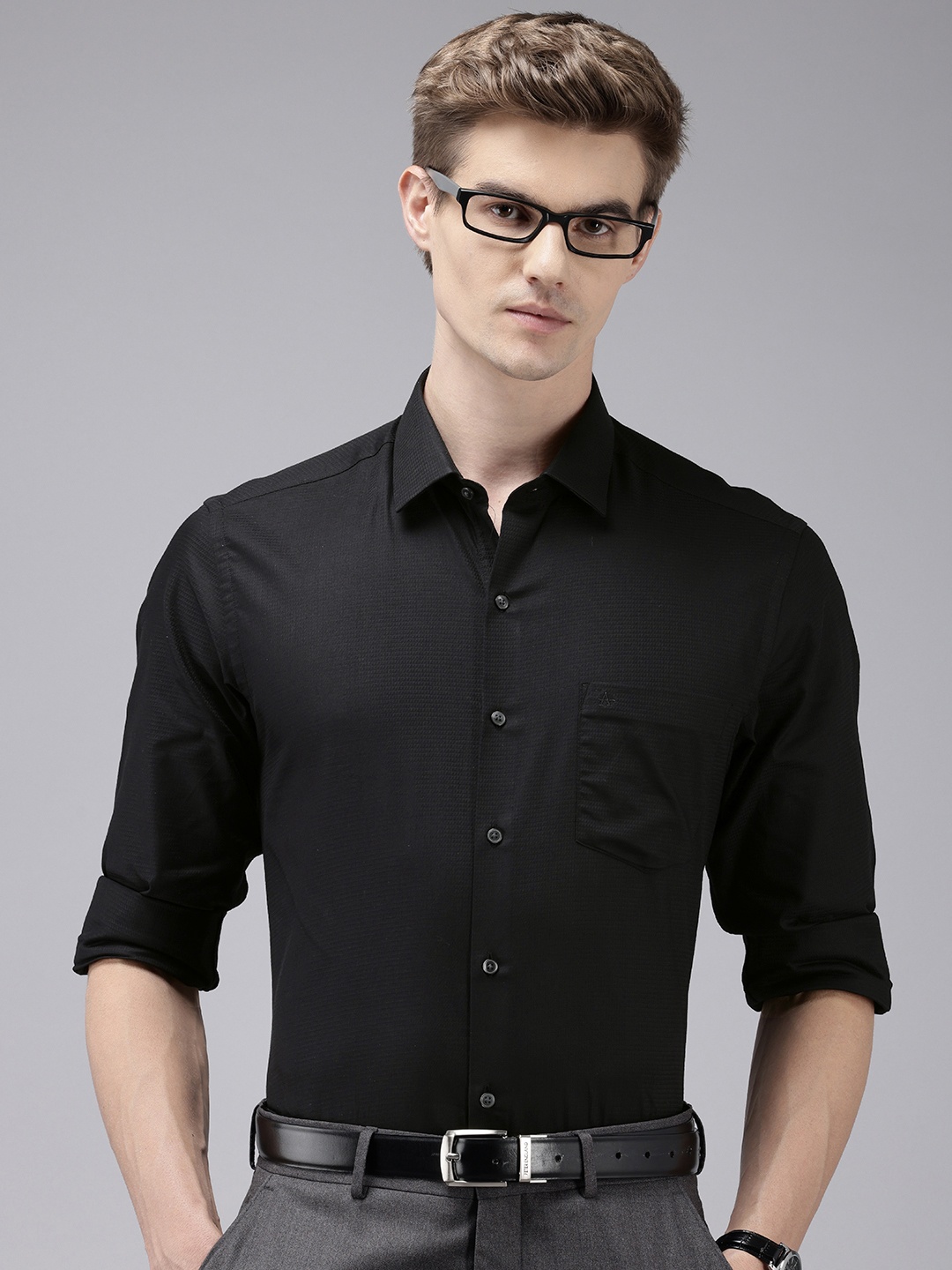 

Arrow Pure Cotton Self Design Textured Manhattan Slim Fit Opaque Formal Shirt, Black