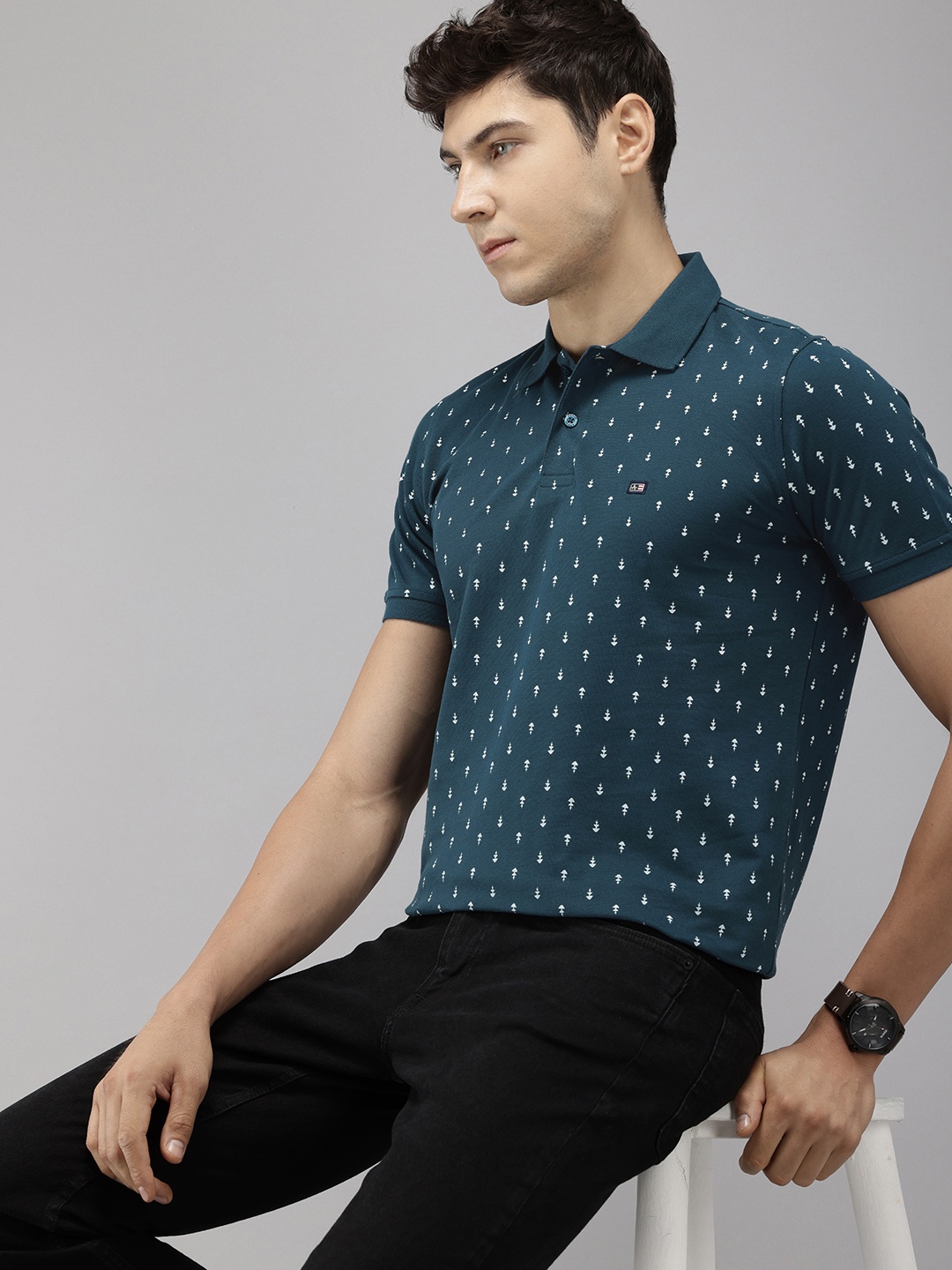 

Arrow Printed Polo Collar Pure Cotton T-shirt, Teal