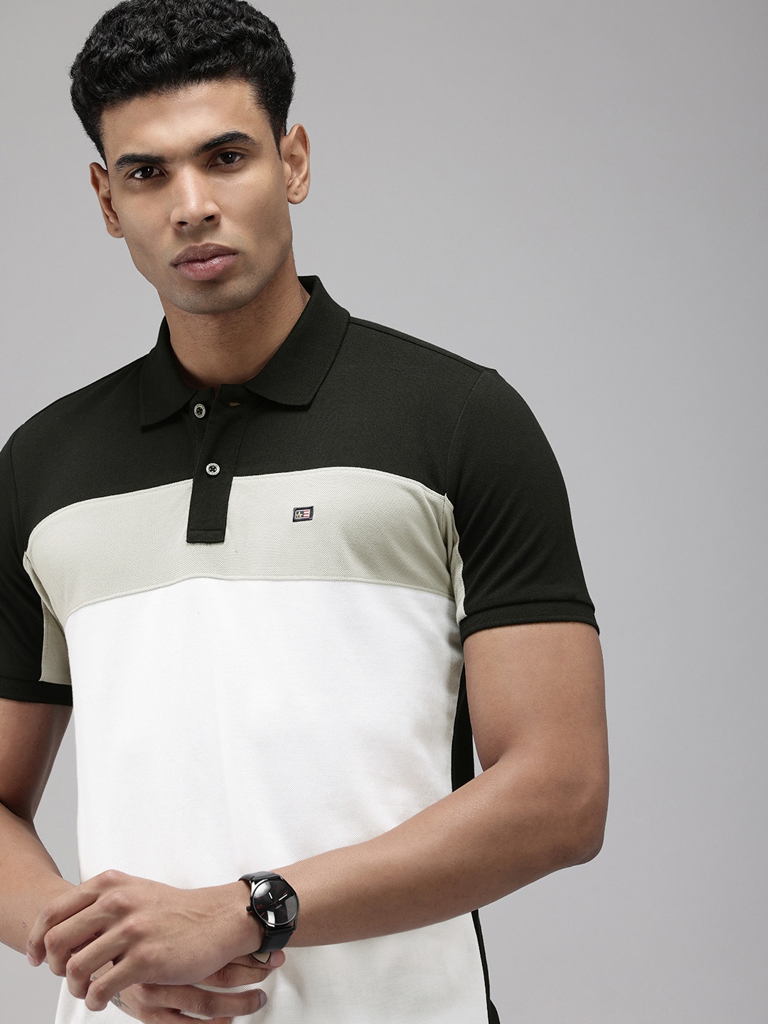 

Arrow Pure Cotton Colourblocked Polo Collar T-shirt, Black