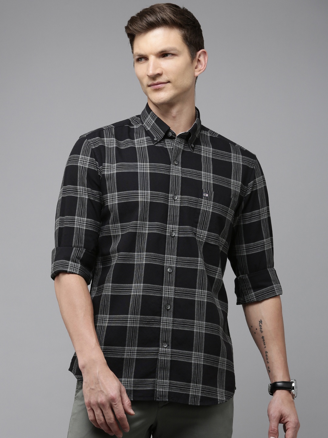 

Arrow Manhattan Slim Fit Checked Pure Cotton Casual Shirt, Black
